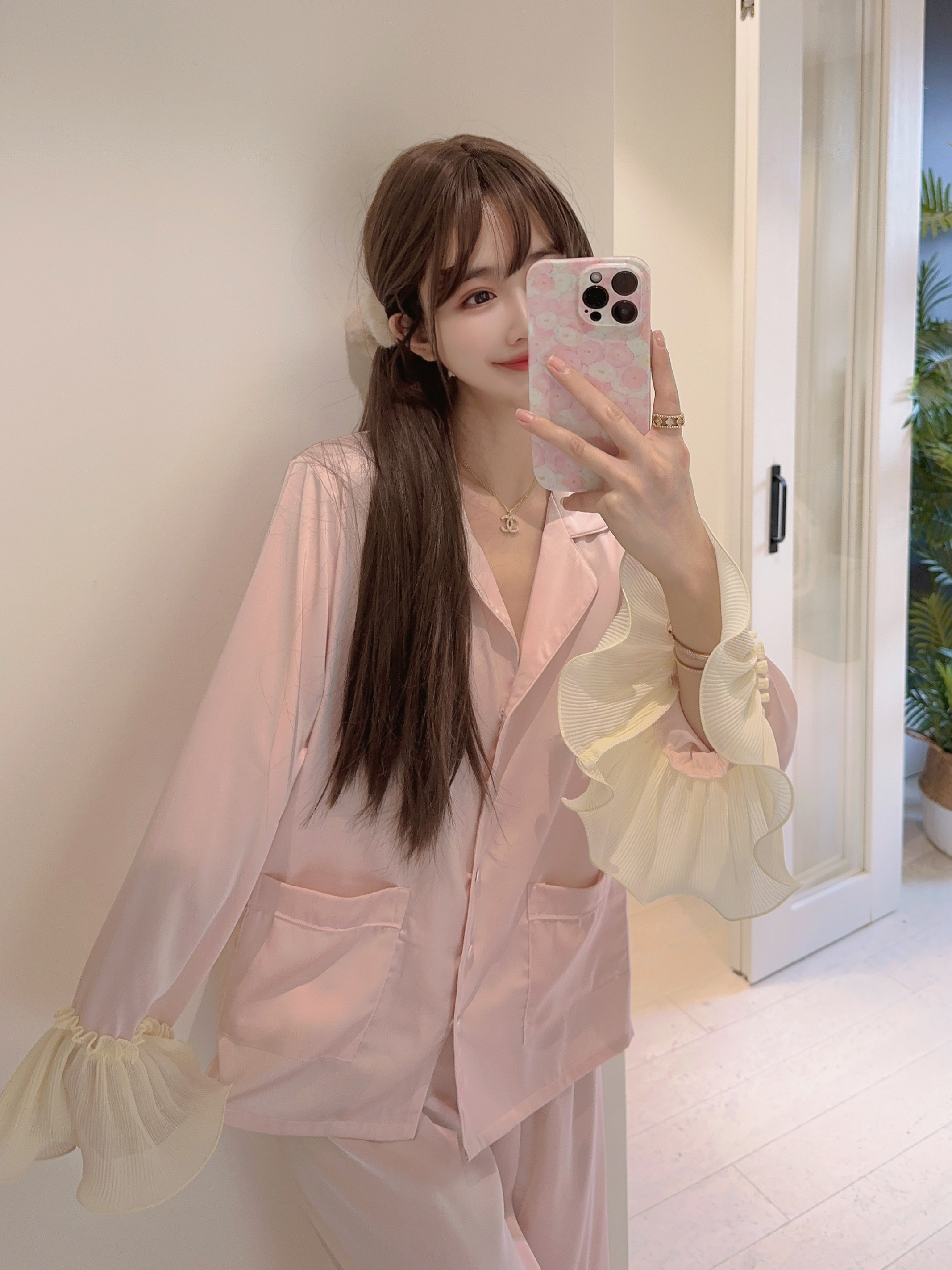 桃蜜糖少女纯色荷叶边