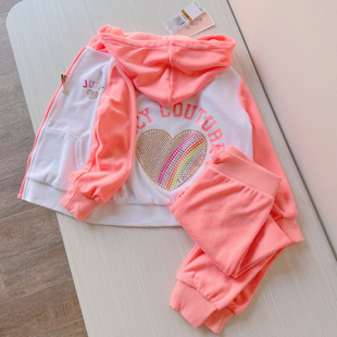 2-4岁 出口美国童装春秋毛巾棉长袖外套长裤套装 荧光橙爱心钮钉