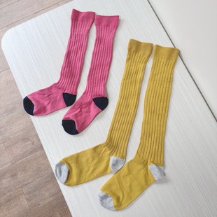 6-12岁 出口英国童装棉弹坑纹纯色长筒袜 女童百搭彩色袜子
