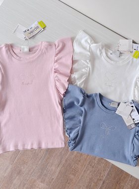 2-12岁 出口法国童装夏季棉弹坑纹花袖子背心 女童洋气纯色T恤衫