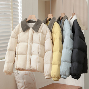 新款羽绒服女翻领百搭宽松小香风灯芯绒拼接加厚面包服冬季外套
