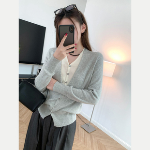大气利落 假两件V领针织衫开衫拼色外套羊毛混纺上衣宽松通勤长袖