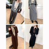 罗纹半身裙中长裙两件套 长袖 省心懒人套装 秋冬V领假两件针织衫