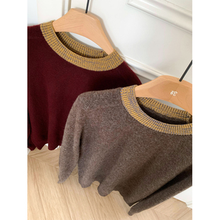软糯内搭上衣 秋冬宽松毛衣粗针套头羊毛针织衫 立体撞色 时髦风格