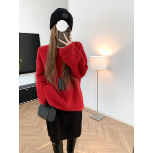 新年红圣诞红 加厚圈圈羊毛针织衫宽松圆领毛衣外穿套头上衣松弛