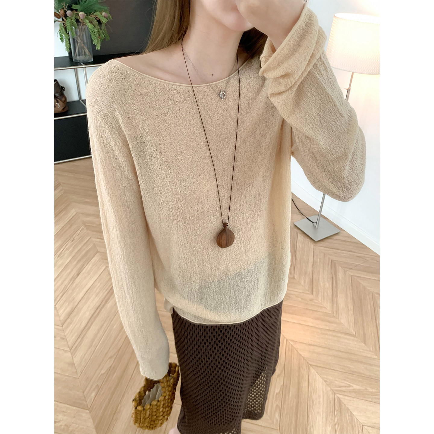 随意惬意 肌理感天丝针织衫一字领慵懒长袖罩衫宽松防晒套头夏季