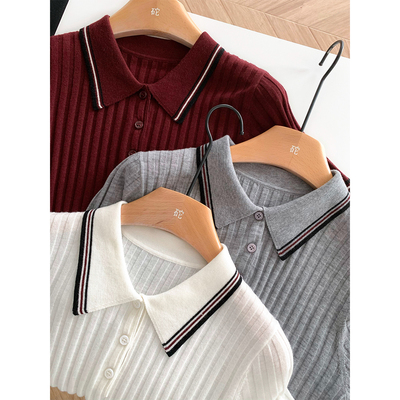 通勤学院 细支羊毛Polo领针织衫短袖坑条修身春夏T恤撞色翻领上衣