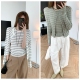 长袖 26早春羊毛混纺条纹背心 开衫 针织套装 小短款 新品 显高两件套