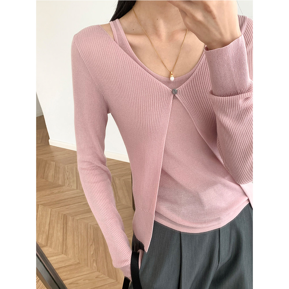 自留随手穿/莱赛尔针织背心+一粒扣开衫外搭短款天丝女装两件套装