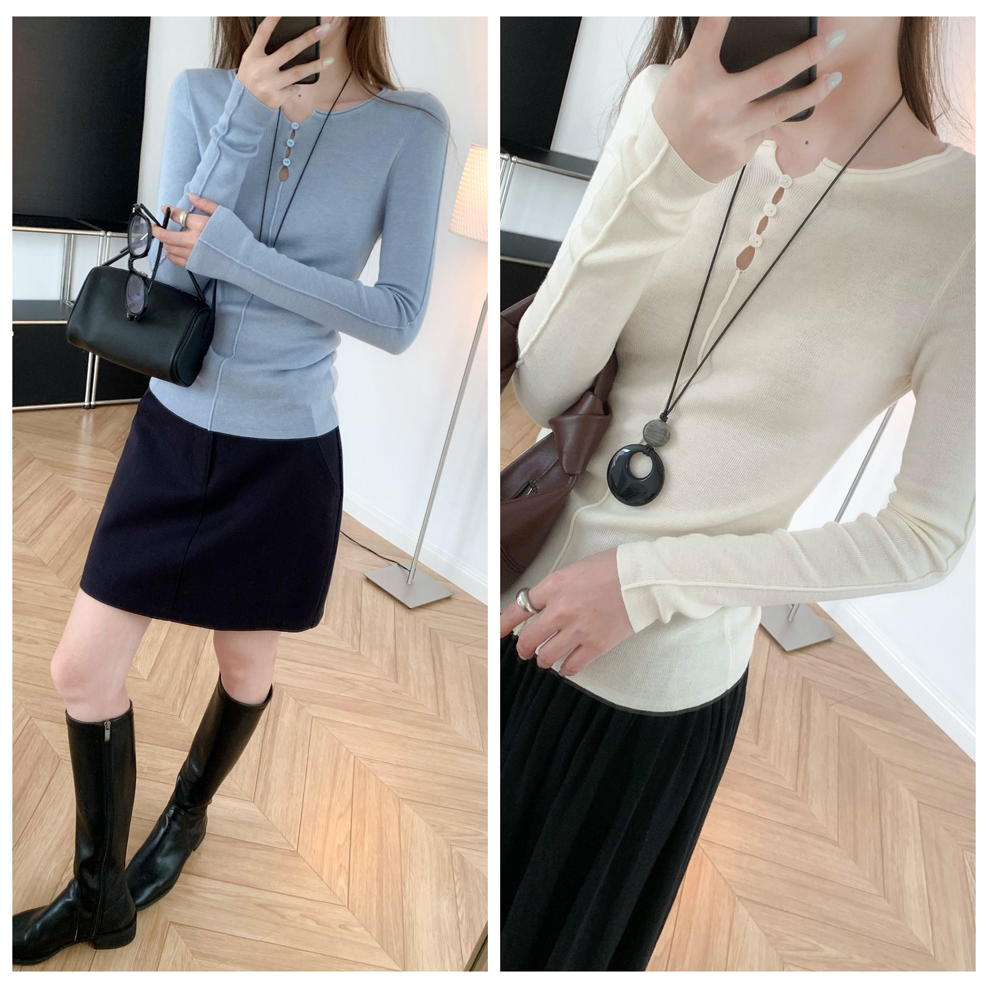 水滴领镂空长袖针织衫