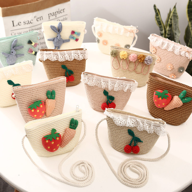 新款零钱包儿童草藤包包韩版亲子男女童时尚百搭草编斜跨包拉链包