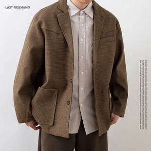 呢外套男春秋冬文艺便服西单男休闲西服 复古格子西装 LFH写意 日式