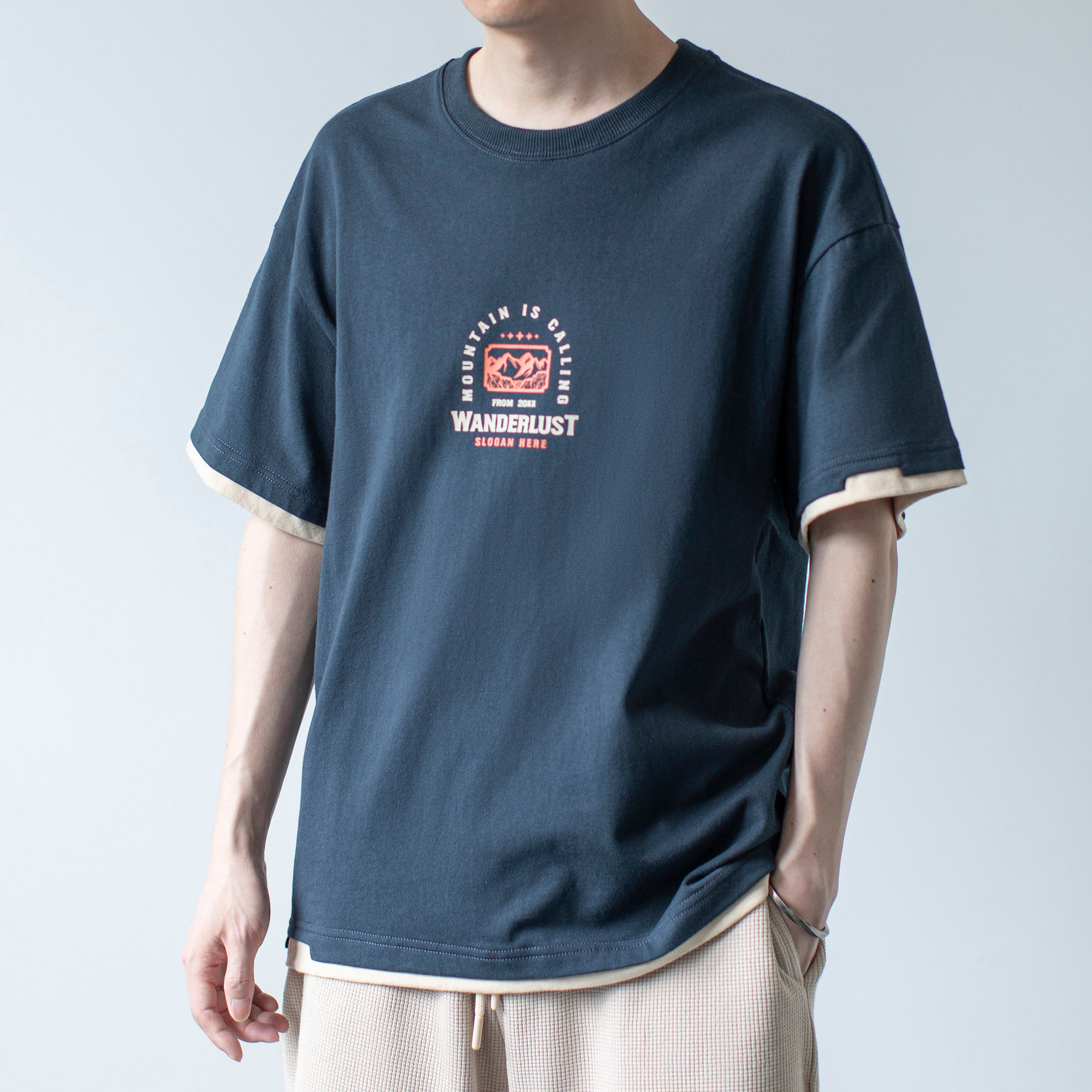 写意夏季新款日系复古假两件套印花圆领男短袖t恤宽松落肩休闲t