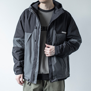 复古拼色早春风衣外套男宽松休闲工装 冲锋衣上衣 日式 写意春秋新款