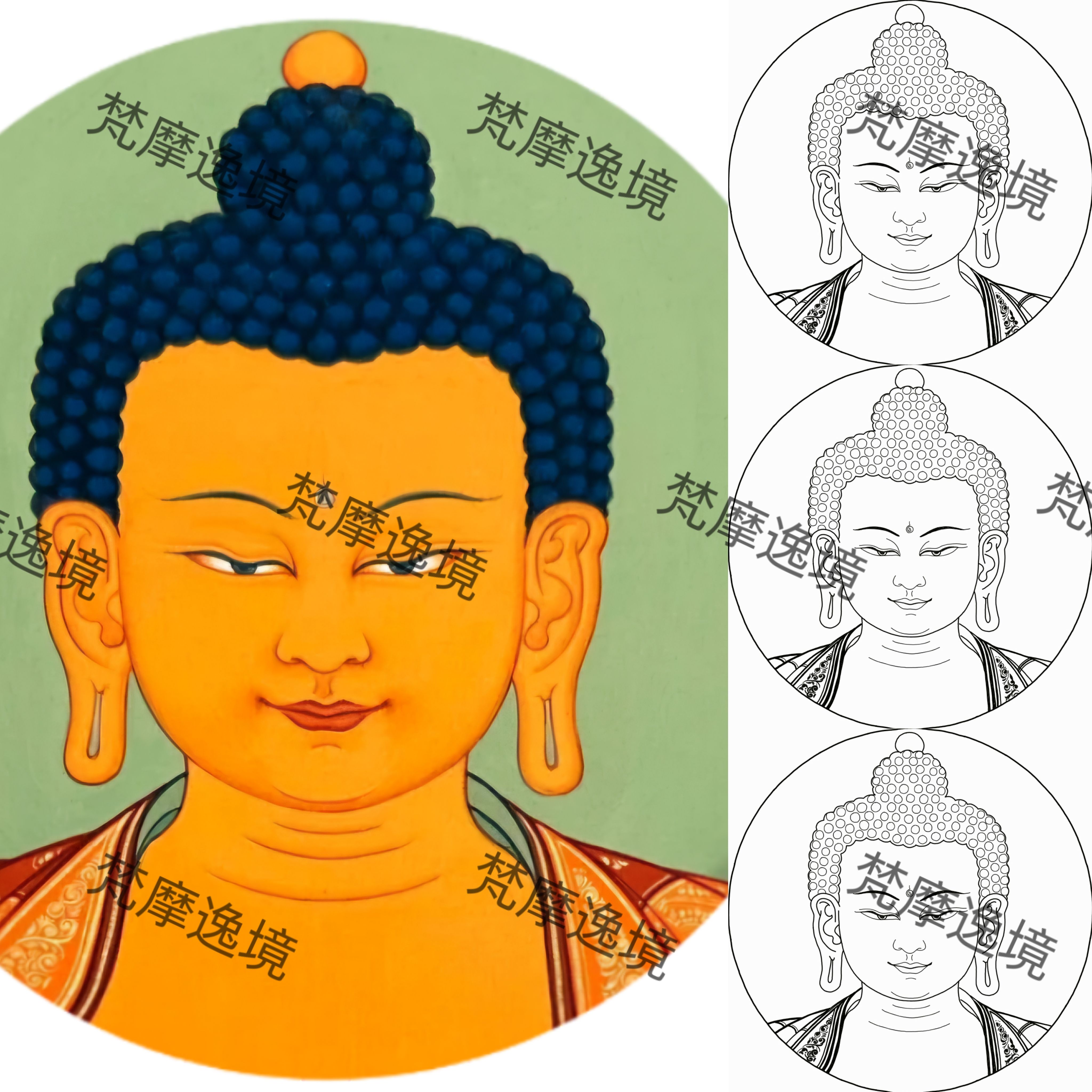 唐卡手绘DIY释迦摩尼唐卡吊坠画芯描金涂色佛像白描唐卡白描底稿