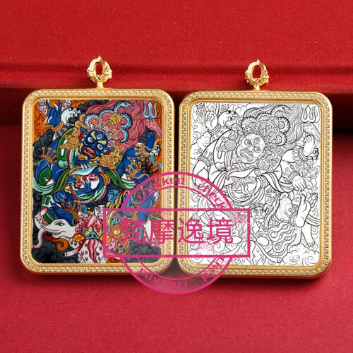 唐卡手绘DIY大黑天唐卡吊坠画芯涂色佛像白描唐卡白描F233