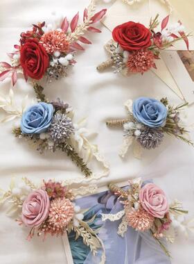 蓝色红色豆沙粉香槟玫瑰胸花手腕花婚礼新郎新娘伴娘襟花派对拍摄