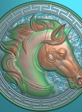 马头回纹圆挂件 精雕图 雕刻图 灰度图 JDP浮雕图 骏马奔腾 F4573