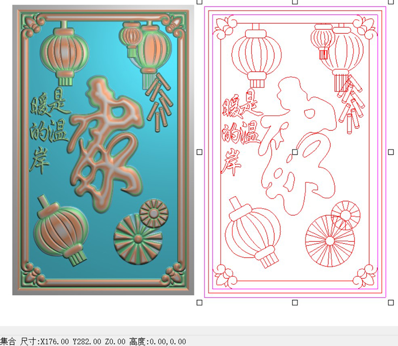 精雕图灰度图浮雕图简单蝙蝠线框家字鞭炮灯笼背板门板竖 F3682