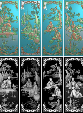 精雕图书柜浮雕刻图灰度图山水人物梅兰竹菊琴棋书画顶箱柜 F4513