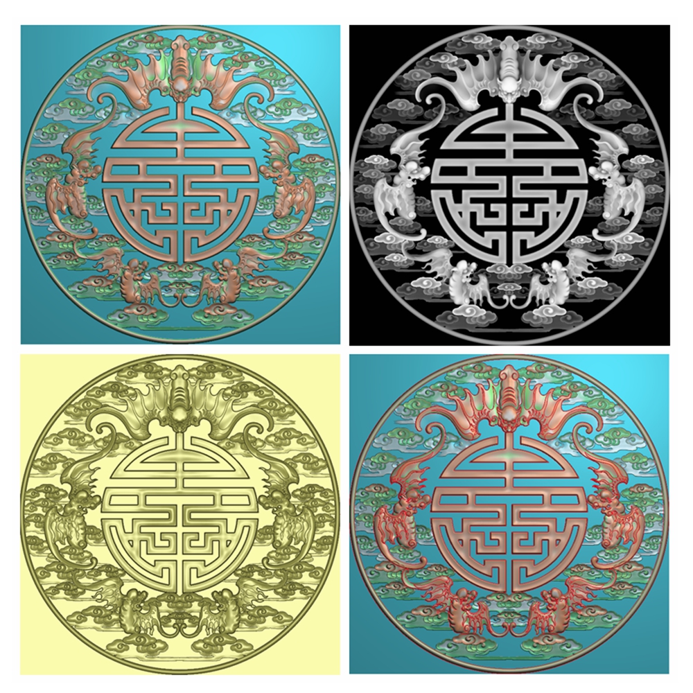 五福捧寿字蝙蝠镂空摆屏风匾精雕JDP灰度BMP格式木雕石雕图F4020