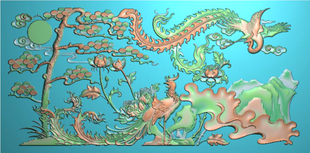 双凤精雕图木雕凤凰花鸟雕刻图图浮雕图灰度图双凤凰花鸟 F3806