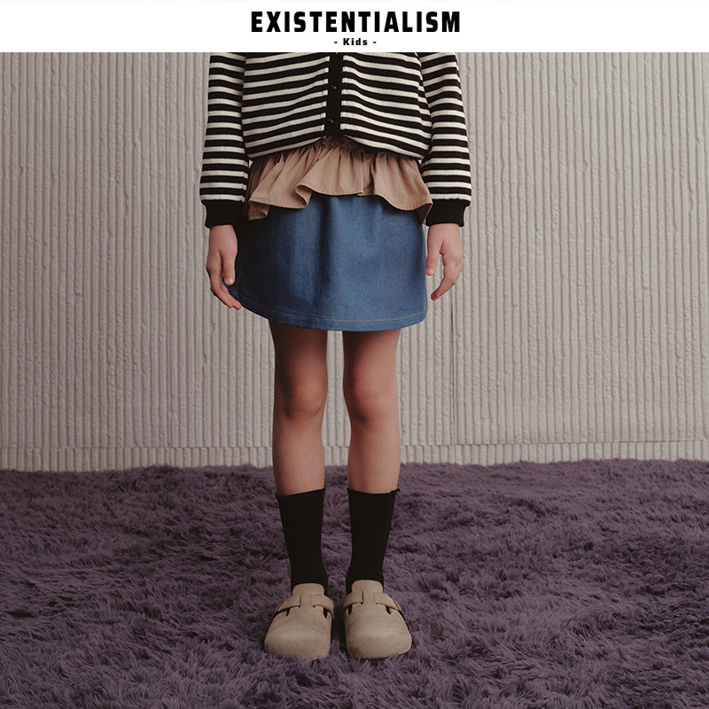 EXISTENTIALISMKids秋冬新款撞色拼接半裙女童荷叶边牛仔短裙