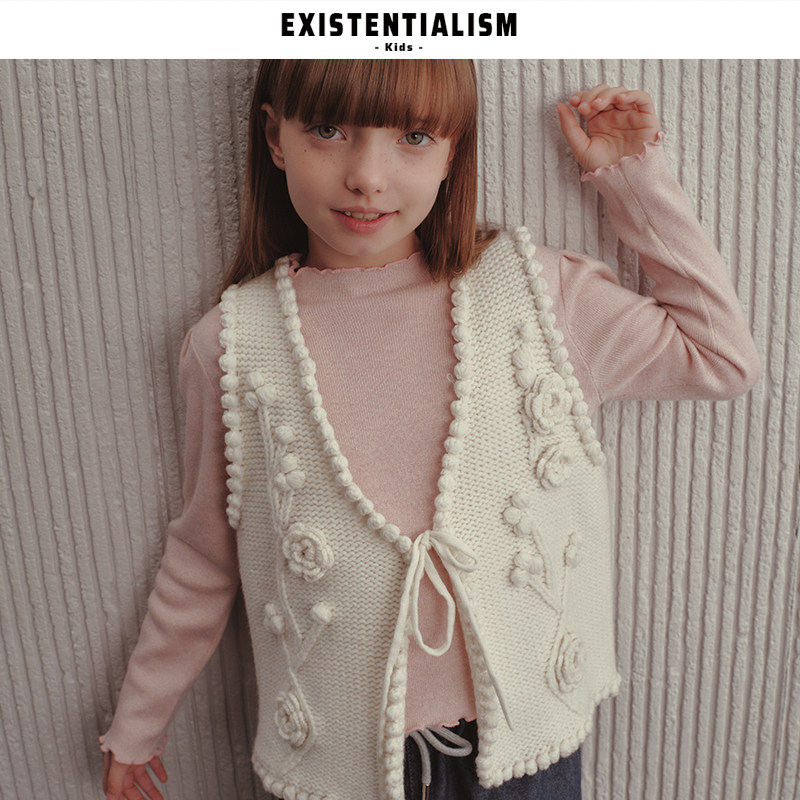 EXISTENTIALISMKids25童装新款精致百搭针织上衣粗纱手钩花朵背心