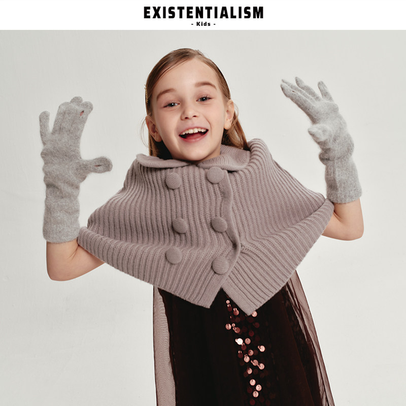 EXISTENTIALISMkids25新款童装淑女连衣裙粗羊毛针织大纽扣斗篷