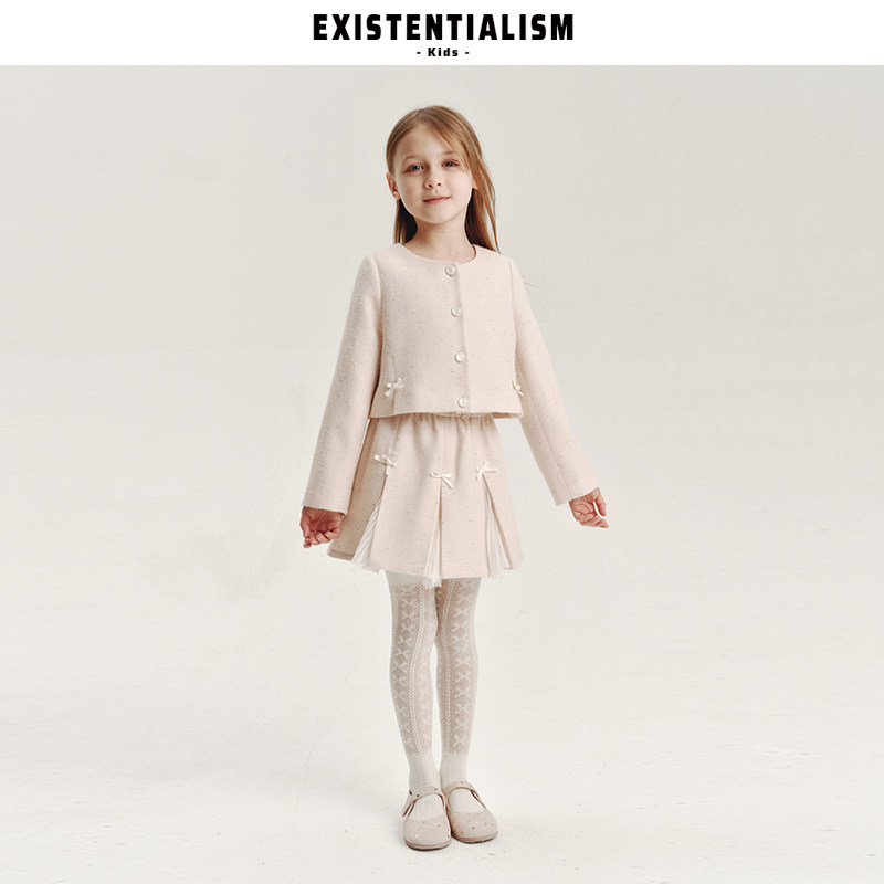 EXISTENTIALISMkids26ss新款高级感外套百褶裙绉纱拼接小香套装