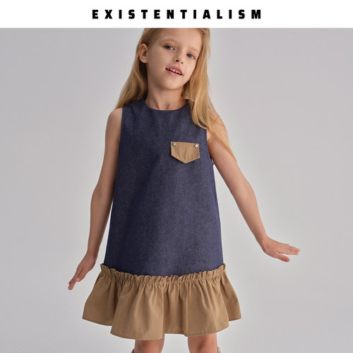 EXISTENTIALISMKids26秋冬卡其色牛仔背心裙女童拼接设计感连衣裙