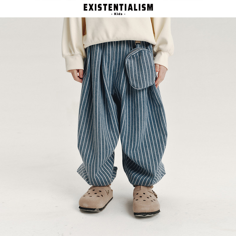 EXISTENTIALISMkids26ss新款束脚阔腿裤宽松条纹小挎包牛仔裤
