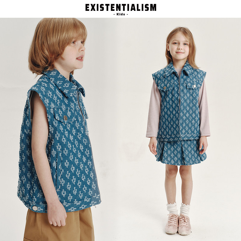 EXISTENTIALISMkids26ss新款童装无袖翻领马甲勾花牛仔工装背心