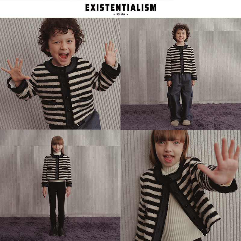 EXISTENTIALISMKids25新款童装条纹流苏牛仔外套宽松休闲短外套