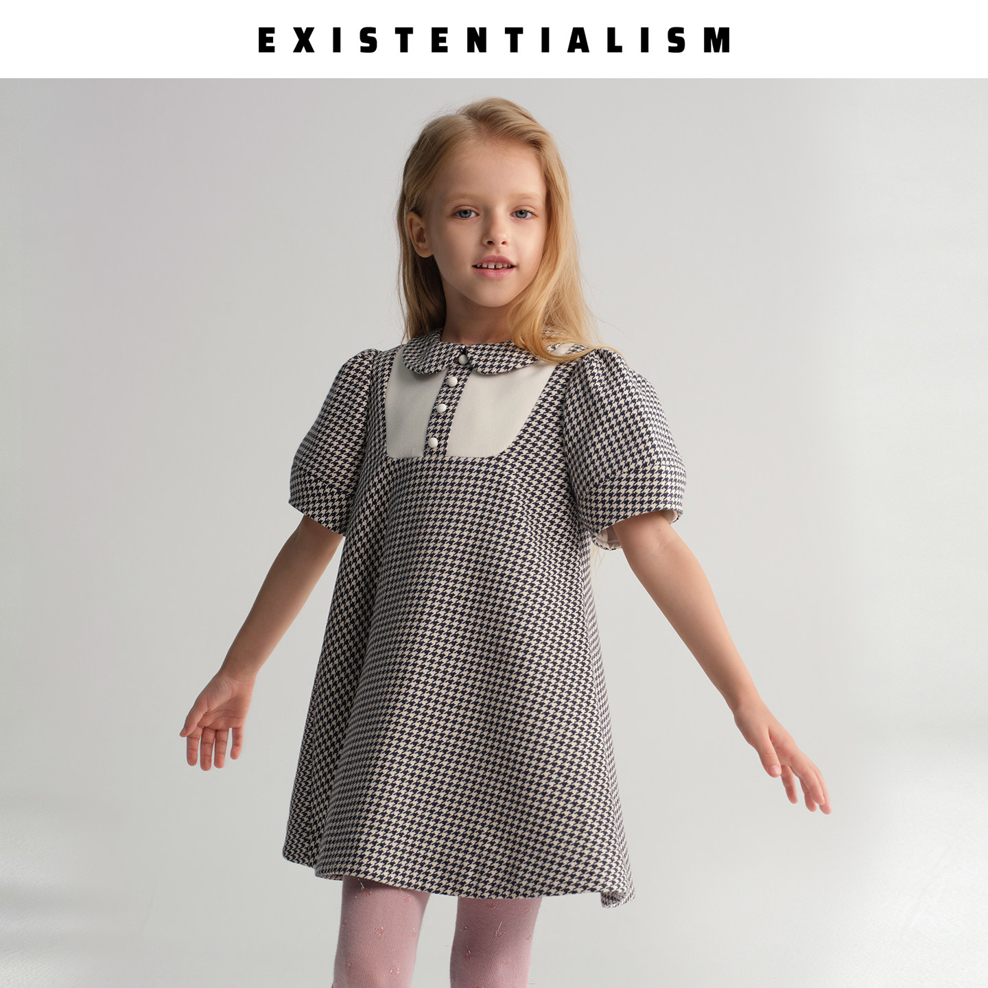 EXISTENTIALISMKids26秋冬千鸟格连衣裙女童复古大裙摆公主长裙