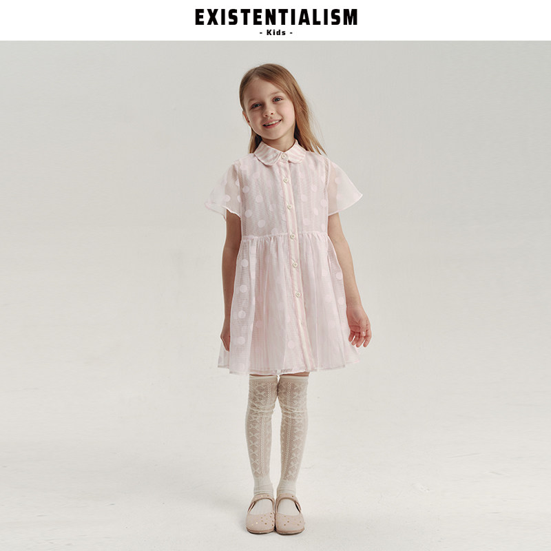 EXISTENTIALISMkids26新款春夏女童连衣裙网纱波点罩衫条纹女童裙