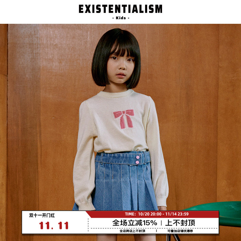 EM童装女童蝴蝶结毛衣新款宝宝时尚套头衫甜美针织衫潮上衣