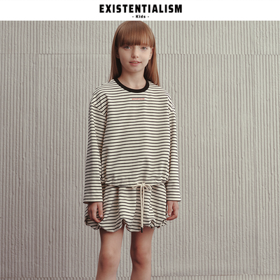 EXISTENTIALISMkids秋季新款休闲宽松时尚童装花苞条纹刺绣套装