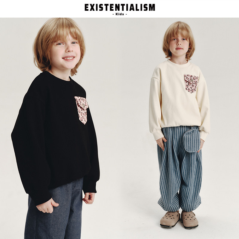 EXISTENTIALISMkids26ss新款童装亲肤长袖上衣豹纹撞色口袋卫衣