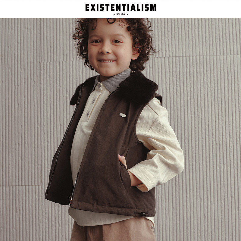 EXISTENTIALISMkids25新款童装百搭复古工装马甲可拆毛领绗棉背心