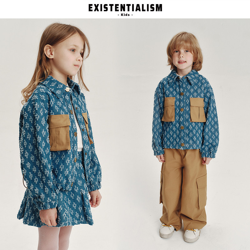 EXISTENTIALISMkids26ss新款童装设计感翻领外套拼色勾花牛仔夹克