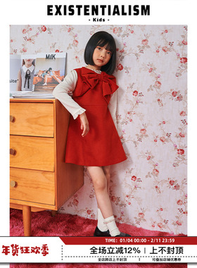 EM Kids 女装冬季连衣裙23新款红色洋气过新年红梦幻蝴蝶结背心裙