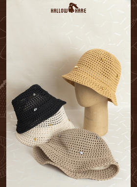 HallowHare镂空五金纽扣装饰高级草编织渔夫帽