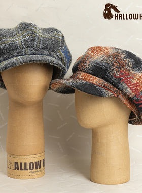 HallowHare秋冬氛围感格纹混色加大报童帽