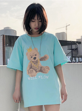 WILL FLOW小熊印花宽松短袖情侣圆领街头酷百搭街头T恤男女潮牌