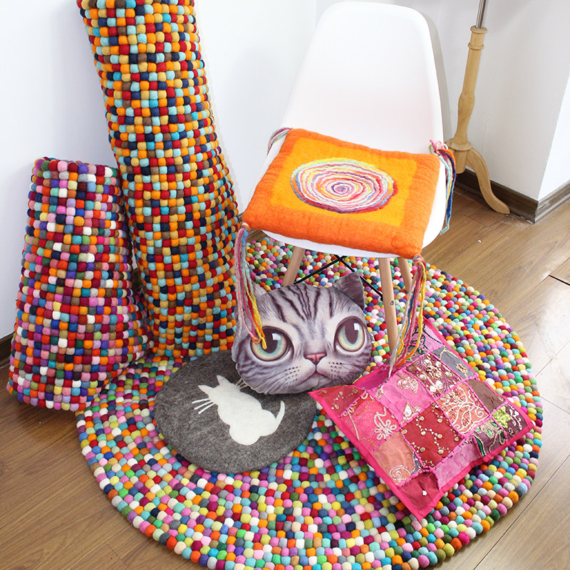 尼泊尔羊毛毡手工彩色球球北欧风客厅地毯地垫坐垫子40cm80cm1米