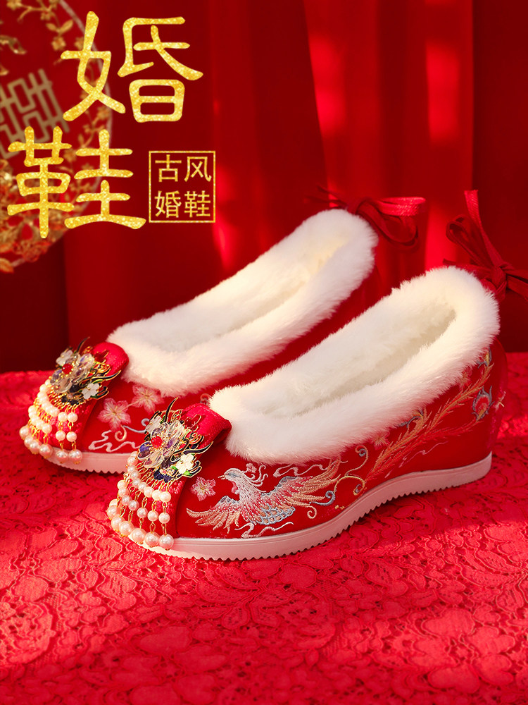 HANFU SHOES CHILDRENS WINTER VELVET XIUHE CLOTHES WEDDING SHOES EMBROIDERED SHOES ANTIQUE STYLE RED BRIDAL SHOES