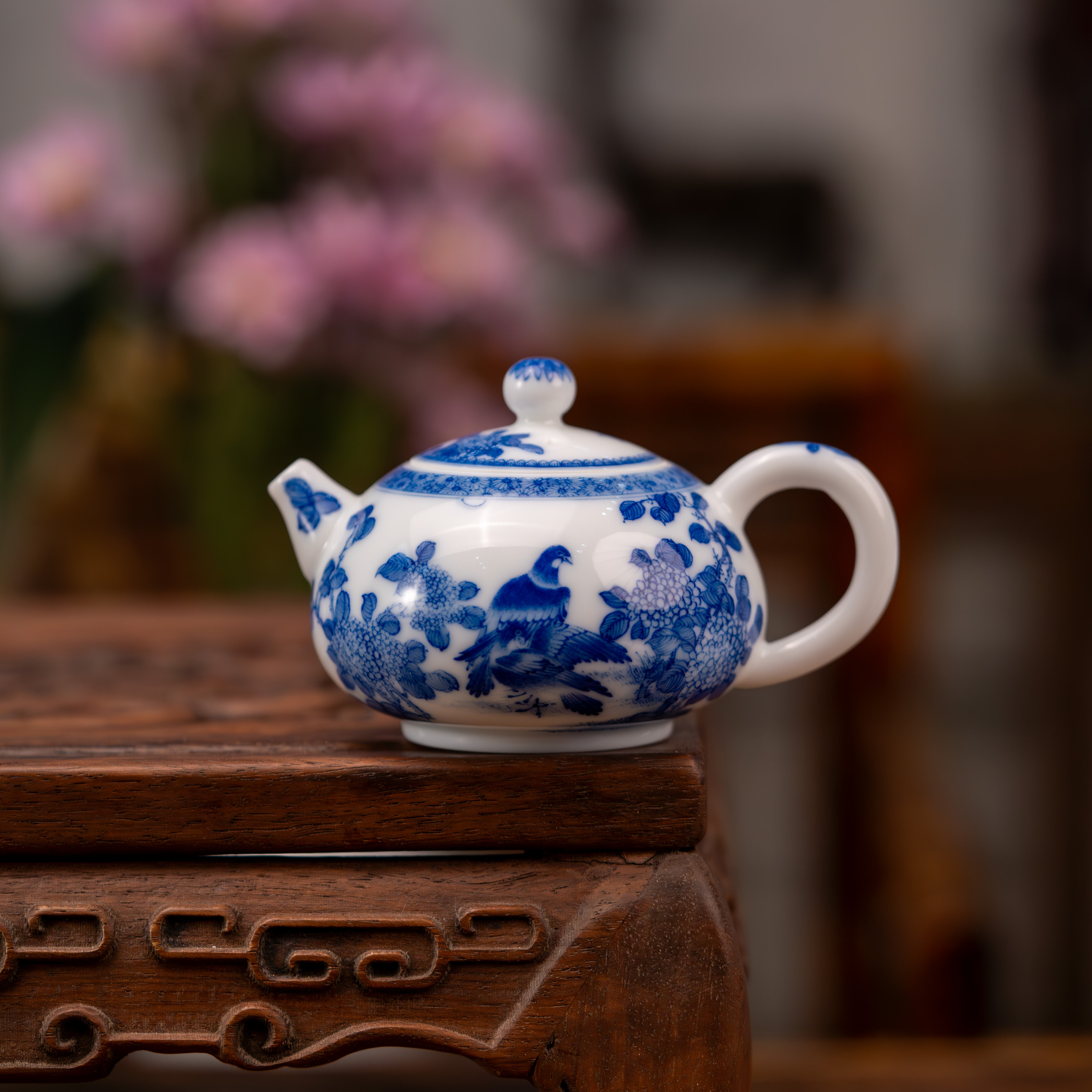 景德镇画堂春陶瓷邵徽平老师亲工花鸟西施壶釉下彩手工手绘青花瓷
