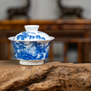 景德镇画堂春陶瓷名画山水早春图两才盖碗青花瓷釉下彩手工手绘