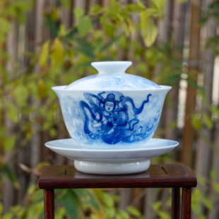 景德镇画堂春陶瓷观音三才盖碗青花瓷釉下彩手工手绘高温瓷烧制